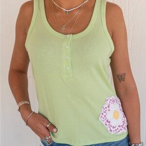 Old Navy lime green tank top with vintage quilt piece sewn on by me.